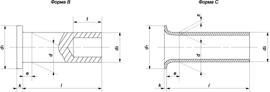 Заклепка для фрикционных накладок тормозных колодок и накладок сцепления:<ul><li>Форма В — с просверленным стержнем</li><li>Форма С — для труб</li></ul> (DIN 7338)