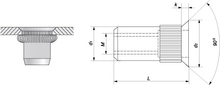 Заклепка резьбовая рифленая открытого типа с потайным буртиком