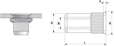 Заклепка резьбовая рифленая открытого типа с малым потайным буртиком